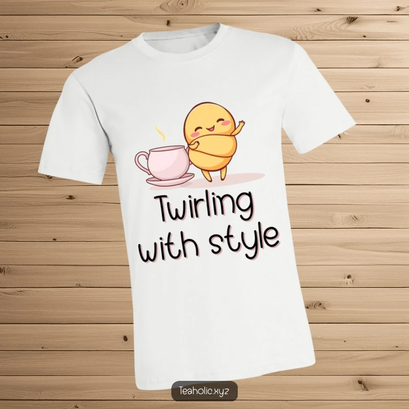 Funny croissant t-shirt depicting a giggling croissant in a graceful twirl beside a teapot, wonderfully whimsical and amusing.
