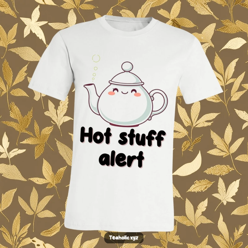 Funny Teapot Character T-Shirt: A cute, hat-wearing teapot character happily releasing a puff of steam.