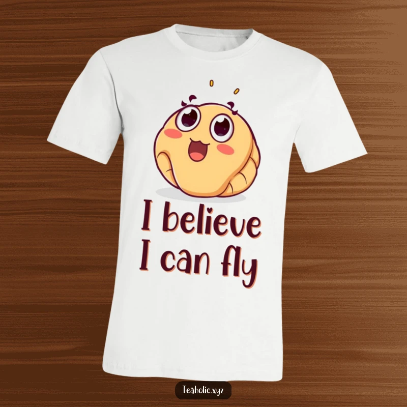 Funny croissant t-shirt with a surprised pastry floating joyfully upwards, great for casual wear and a humorous gift.