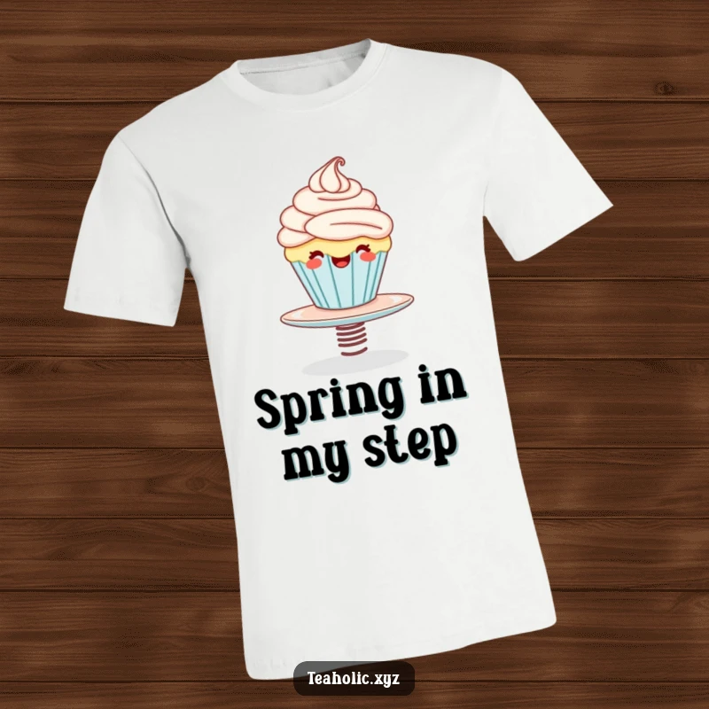 Funny t-shirt showcasing a giggling cupcake character energetically bouncing on a springy saucer, radiating pure happiness and a love for sweets.