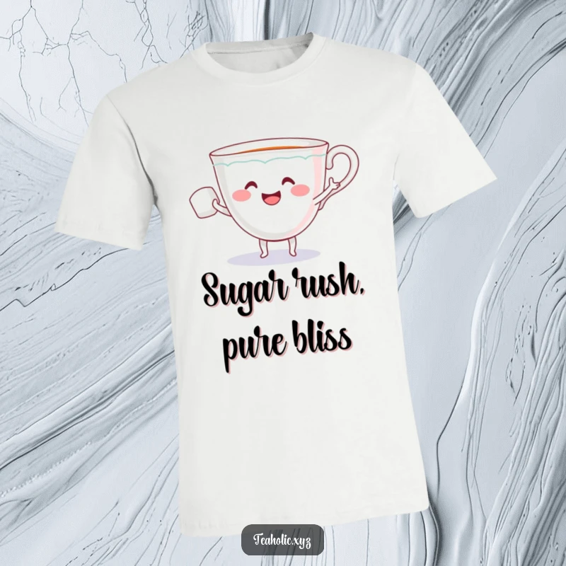 Funny t-shirt showcasing a smiling teacup with tiny arms playfully dancing with a sugar cube, highlighting a joyful and energetic scene.