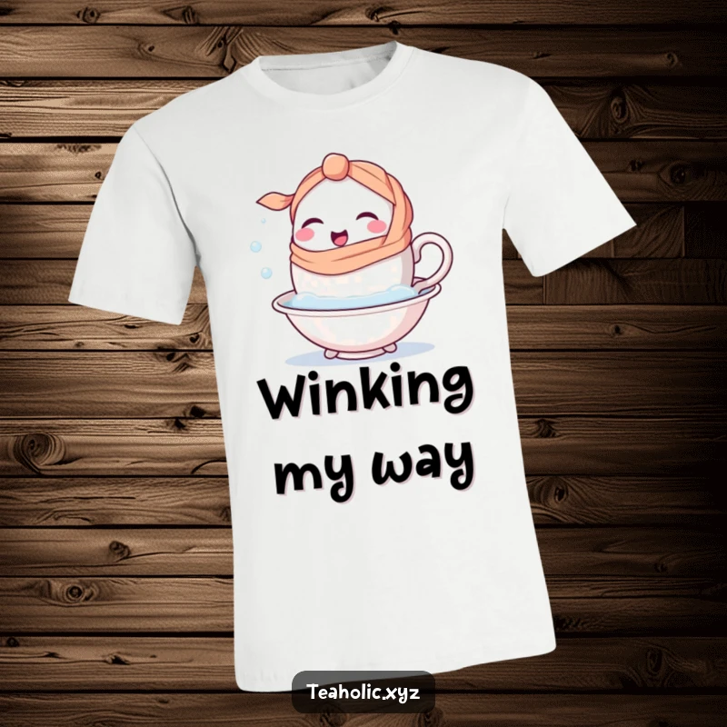 Funny happy teacup character with a handle-scarf winking as it dips into a bubbly bath on a T-shirt.